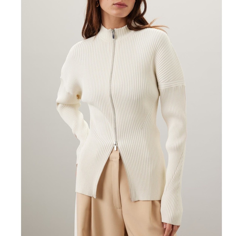 ALC Noa Ribbed Cardigan Top Ivory White Two-Way Zip Front Long Sleeve Sz‎ XS